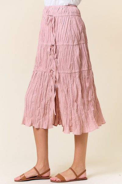 Blush Bow Trimmed Tiered  Midi Skirt