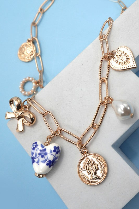 Ceramic Porcelain Heart Charm Link Necklace