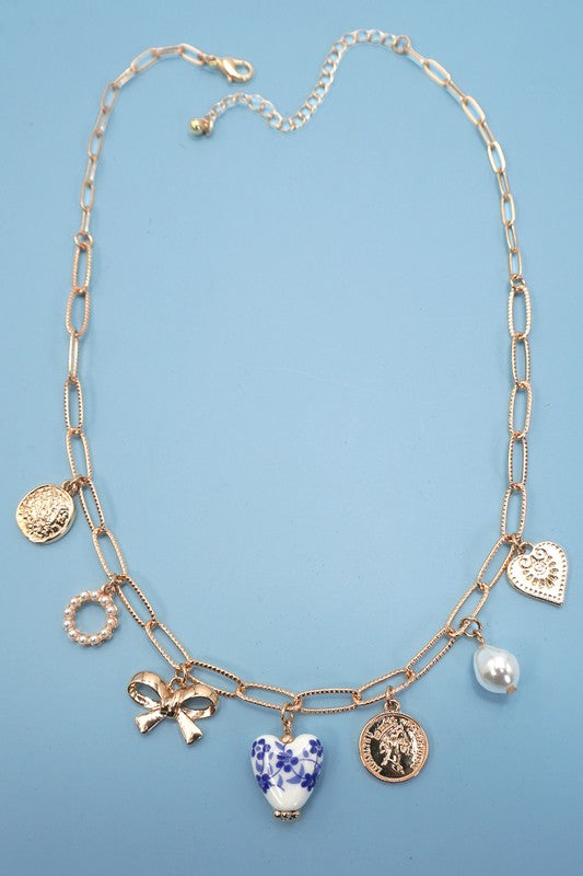 Ceramic Porcelain Heart Charm Link Necklace