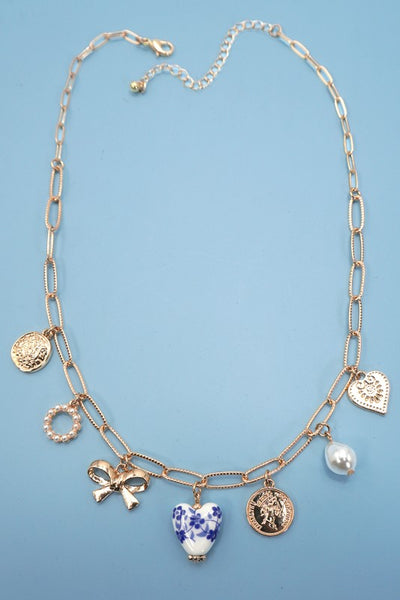Ceramic Porcelain Heart Charm Link Necklace