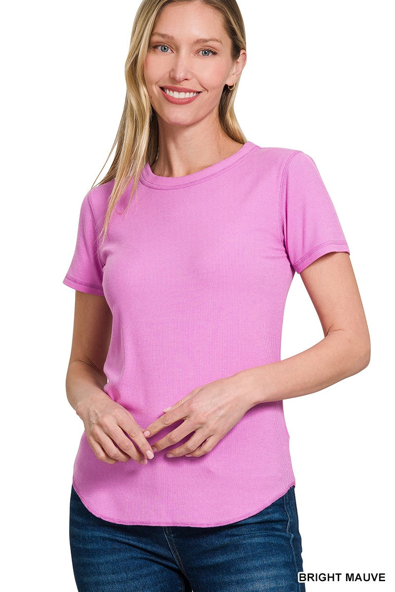 Bright Mauve Ribbed Round Neck Tee