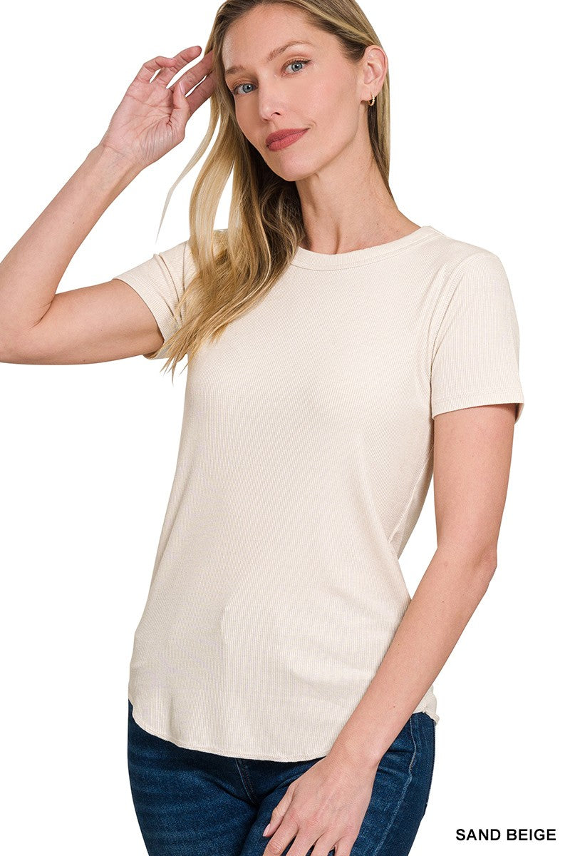 Sand Beige Ribbed Round Neck Tee