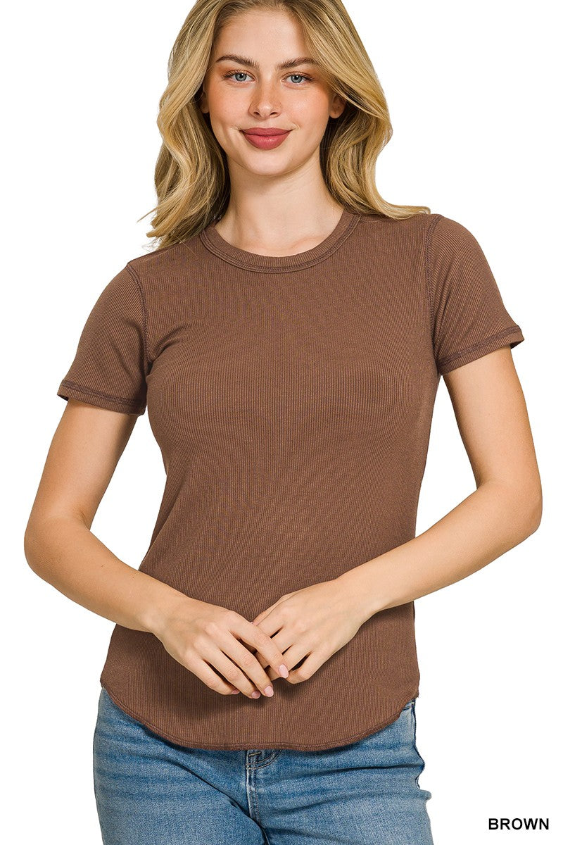 Brown Ribbed Round Neck Tee