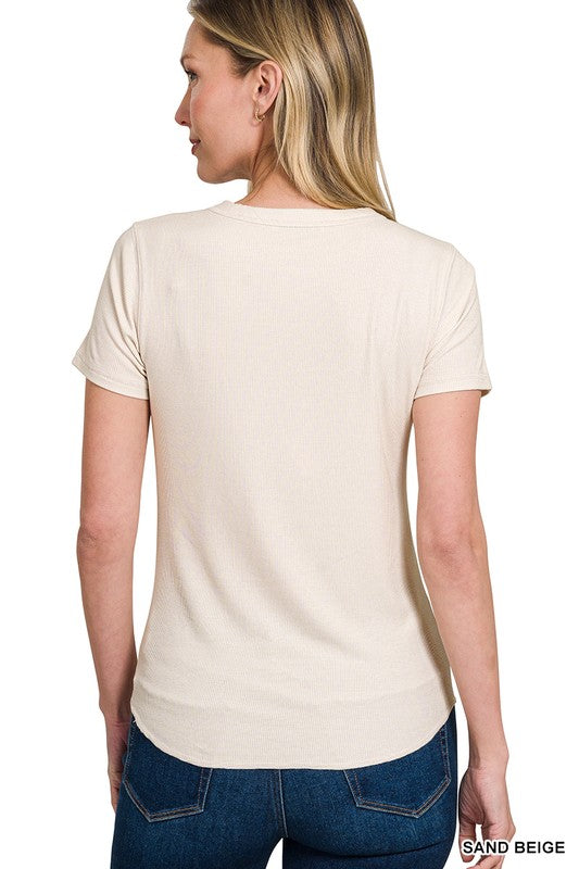 Sand Beige Ribbed Round Neck Tee