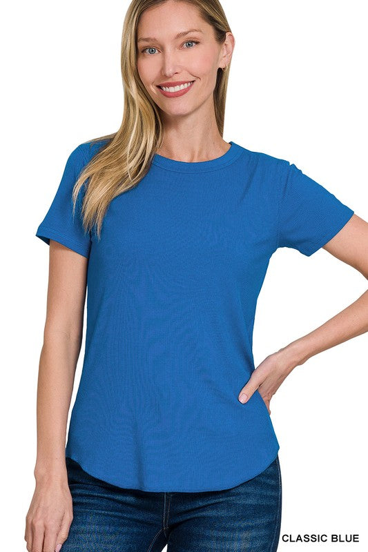 Blue Ribbed Round Neck Tee