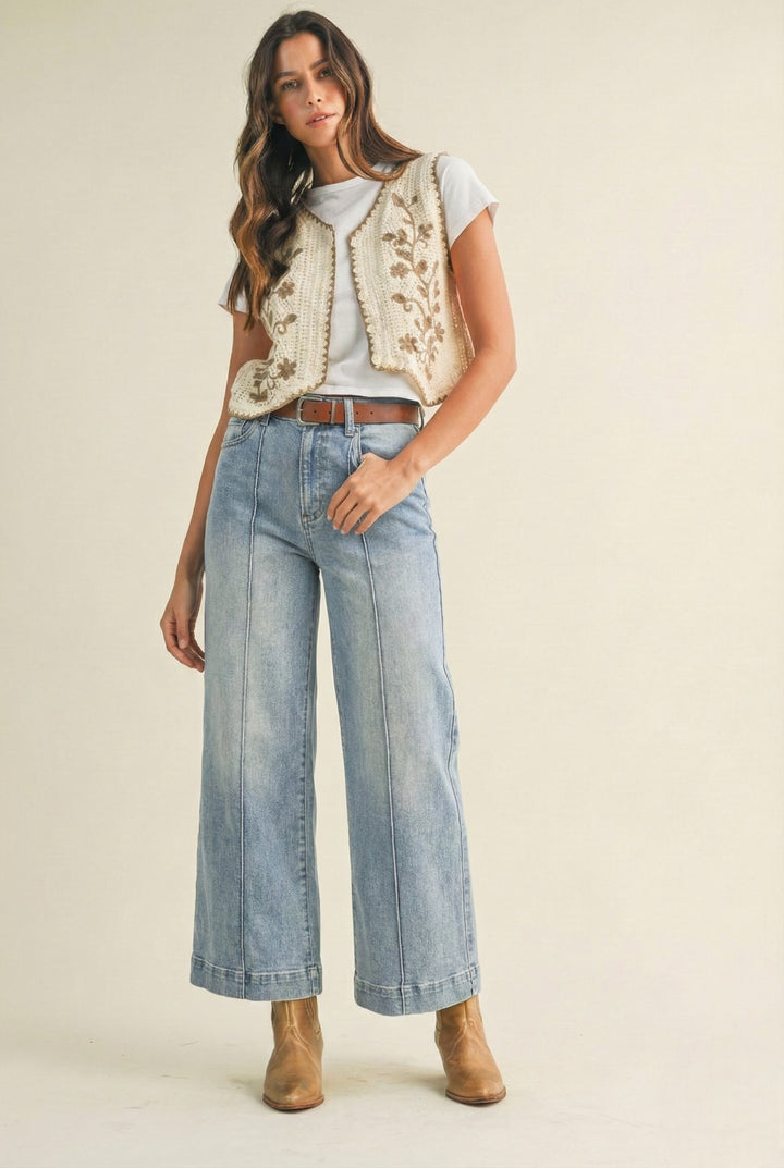 Light Denim High Rise Pin Tuck Wide Leg Jeans