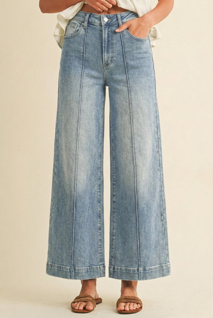 Light Denim High Rise Pin Tuck Wide Leg Jeans