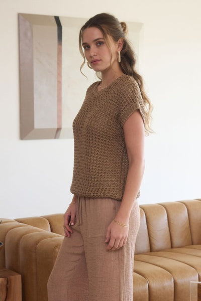 Tan Crochet Knit Sweater Top