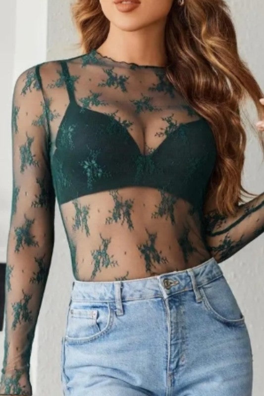 Dark Green Sheer Lace Top