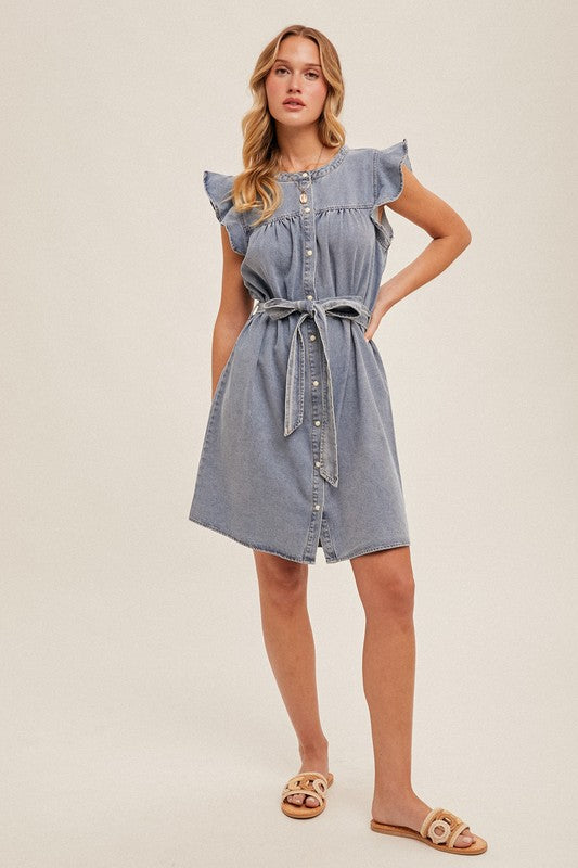 Denim Ruffle Sleeve Shirt Dress