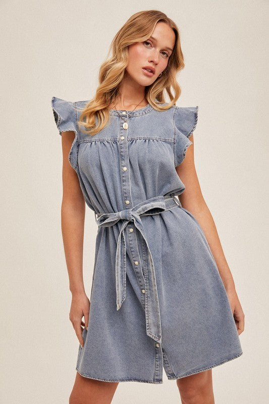 Denim Ruffle Sleeve Shirt Dress
