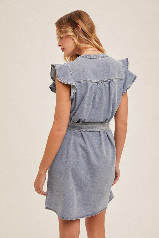 Denim Ruffle Sleeve Shirt Dress