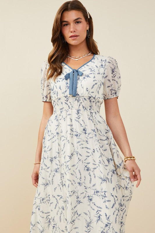 Blue Floral Smocked Waist Midi Dress