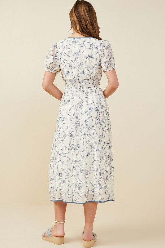 Blue Floral Smocked Waist Midi Dress