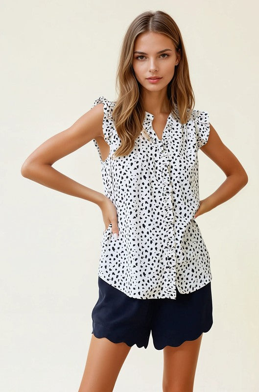 Ivory Smocked Print Frilled Top