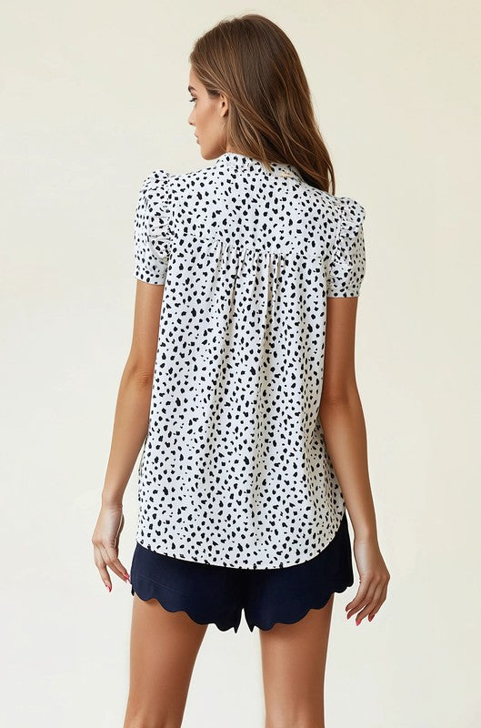 Ivory Smocked Print Frilled Top