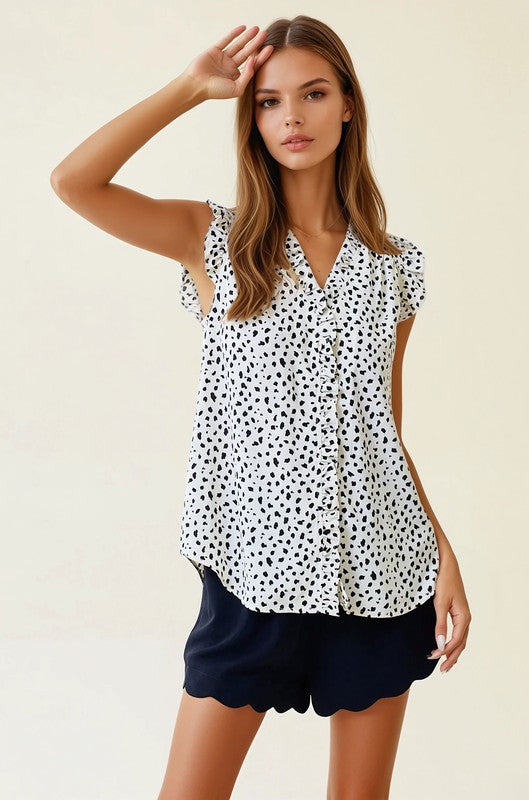 Ivory Smocked Print Frilled Top