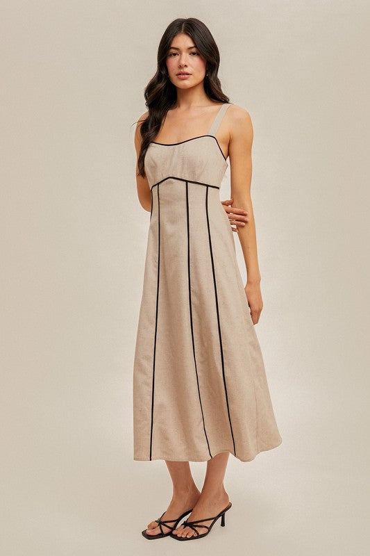 Taupe Contrast Linen Midi Dress