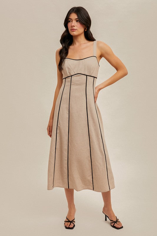 Taupe Contrast Linen Midi Dress