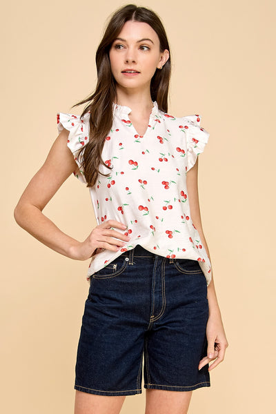 White Cherry Ruffled Neck Top