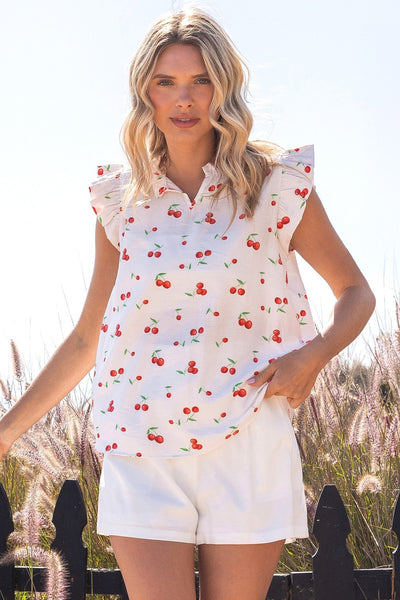 White Cherry Ruffled Neck Top