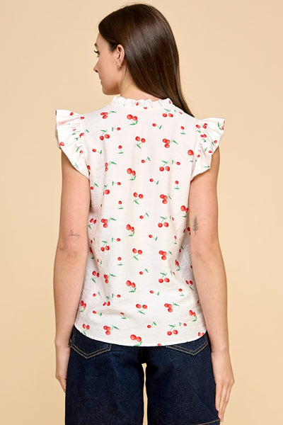 White Cherry Ruffled Neck Top