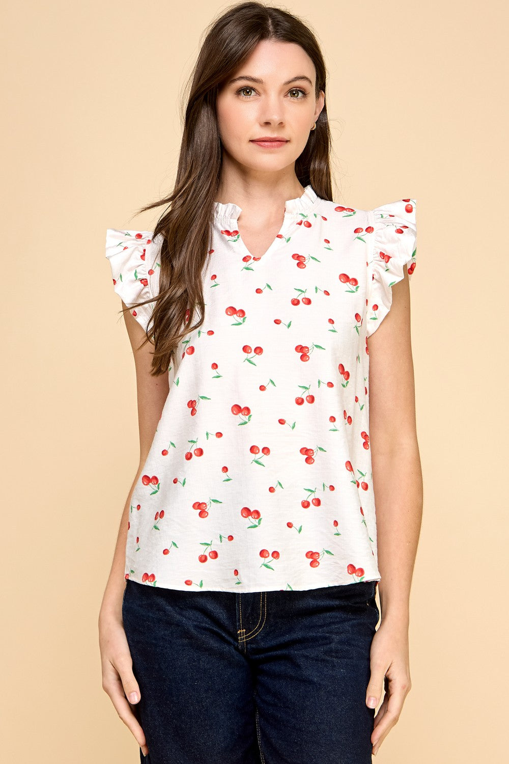 White Cherry Ruffled Neck Top