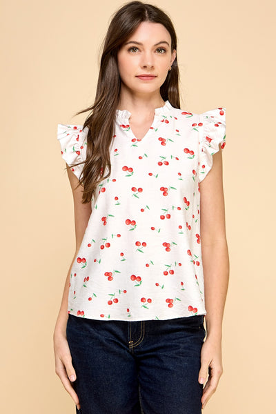 White Cherry Ruffled Neck Top