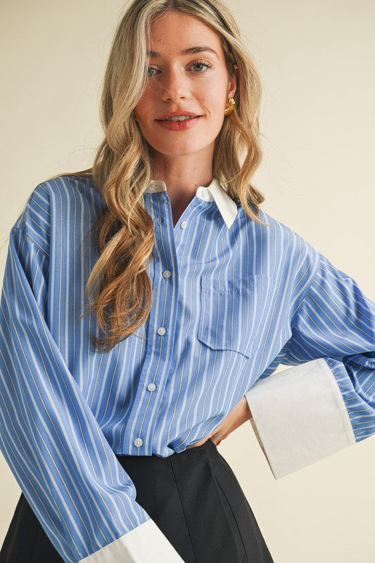 Blue Striped Wide Cuff Button Down Shirt