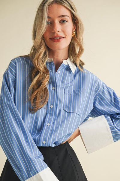 Blue Striped Wide Cuff Button Down Shirt
