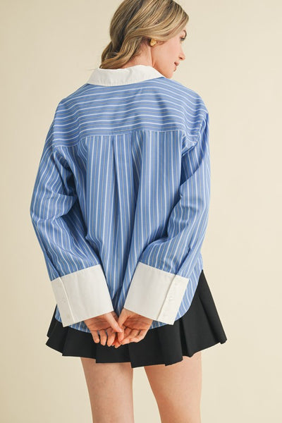 Blue Striped Wide Cuff Button Down Shirt