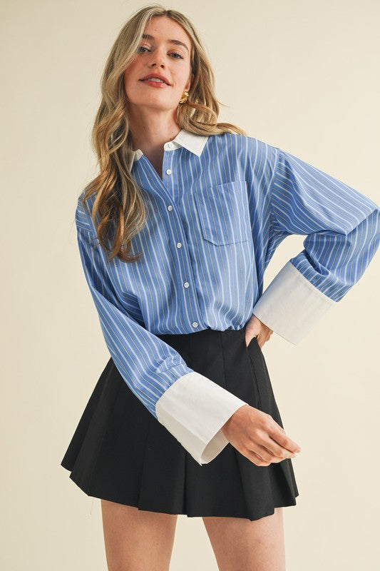 Blue Striped Wide Cuff Button Down Shirt