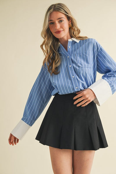 Blue Striped Wide Cuff Button Down Shirt