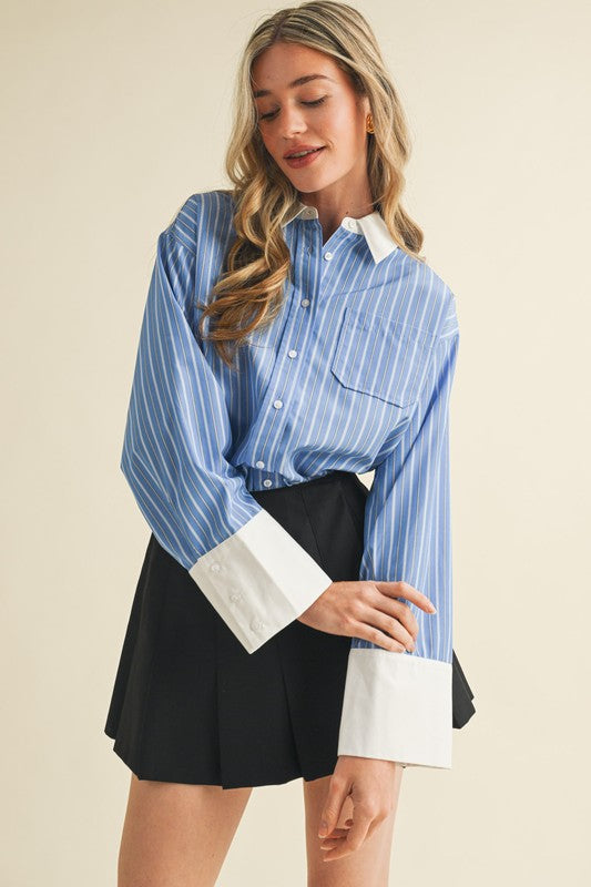 Blue Striped Wide Cuff Button Down Shirt
