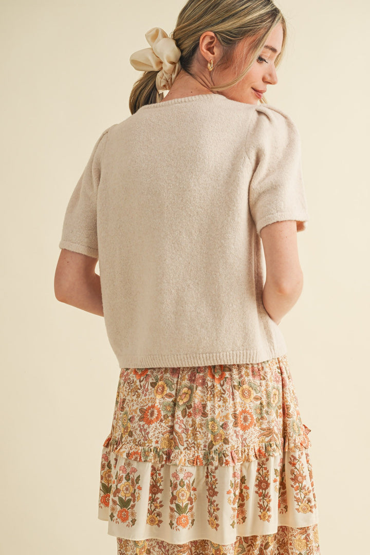 Ivory Beige Short Puff Sleeve Sweater