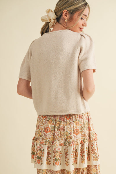 Ivory Beige Short Puff Sleeve Sweater