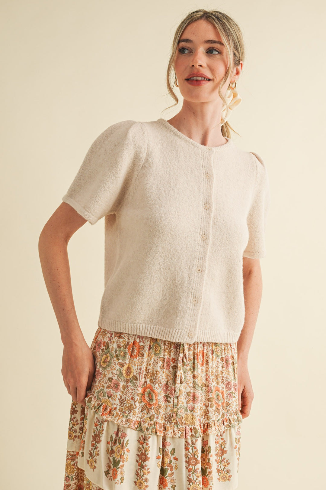 Ivory Beige Short Puff Sleeve Sweater