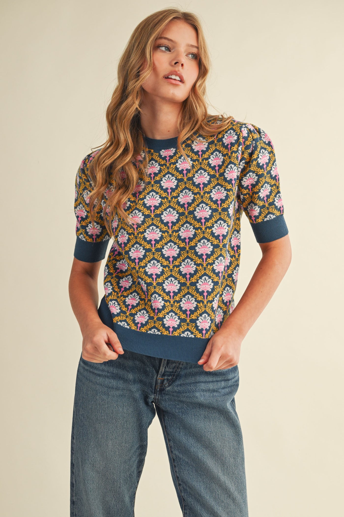 Peacock Blue Short Sleeve Sweater