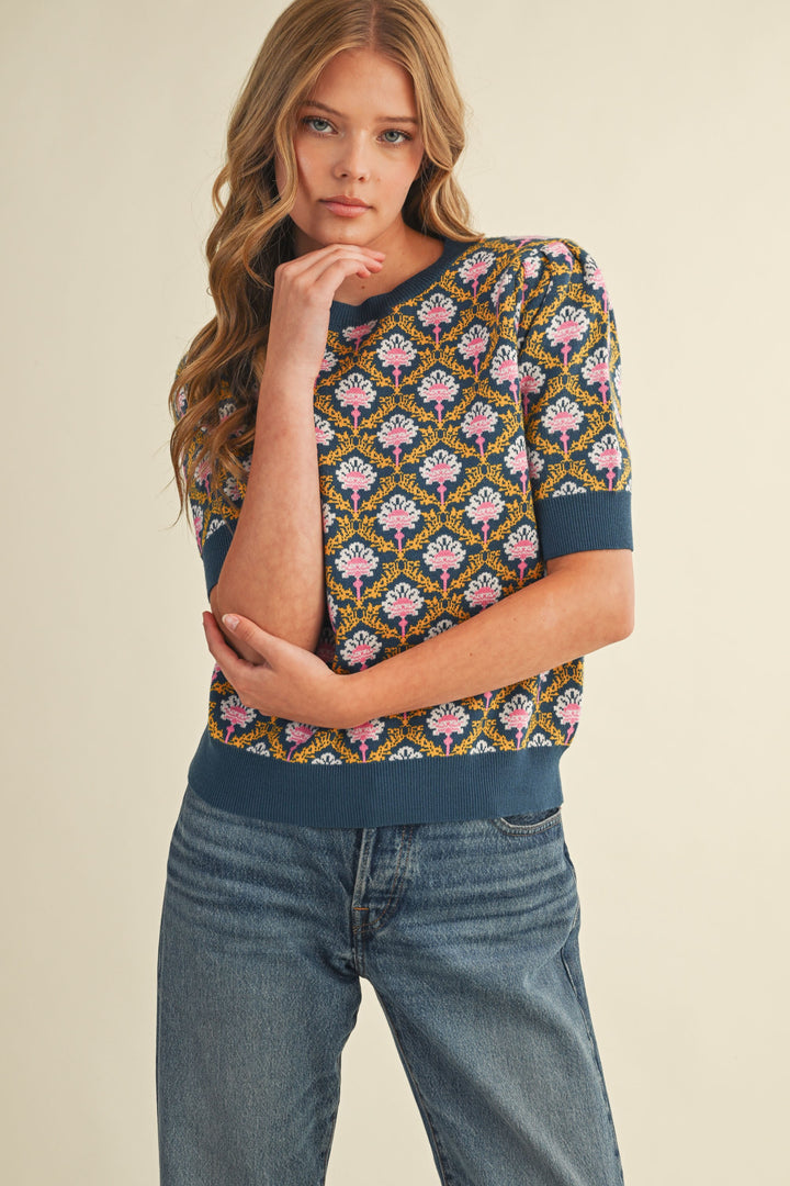 Peacock Blue Short Sleeve Sweater