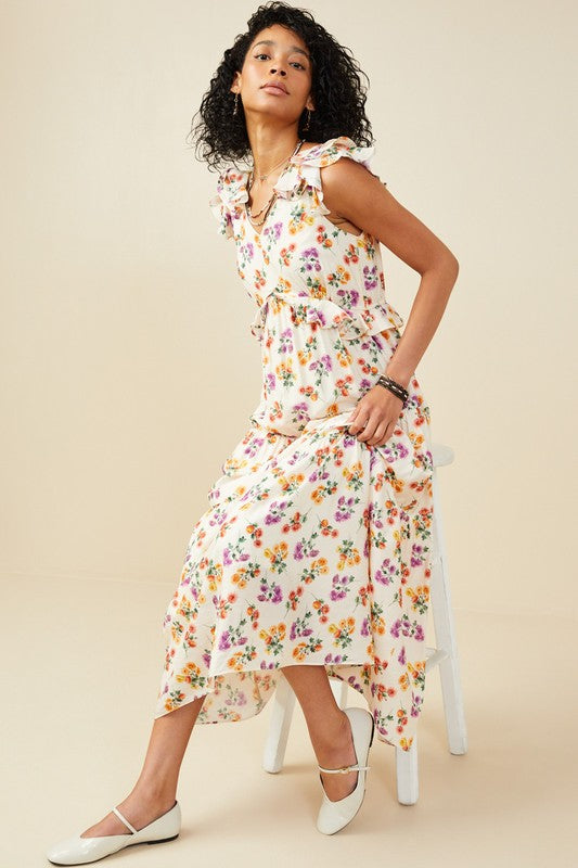 Blush Floral Ruffle Tank Midi Dress