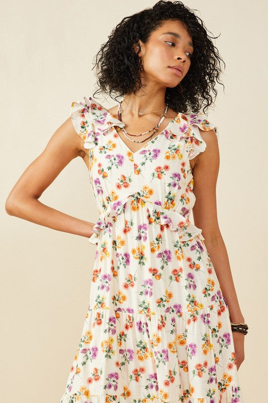 Blush Floral Ruffle Tank Midi Dress