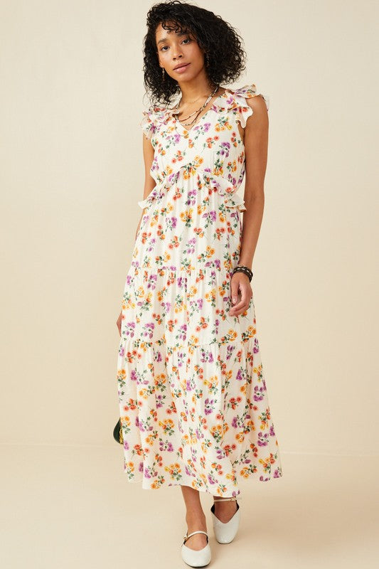 Blush Floral Ruffle Tank Midi Dress