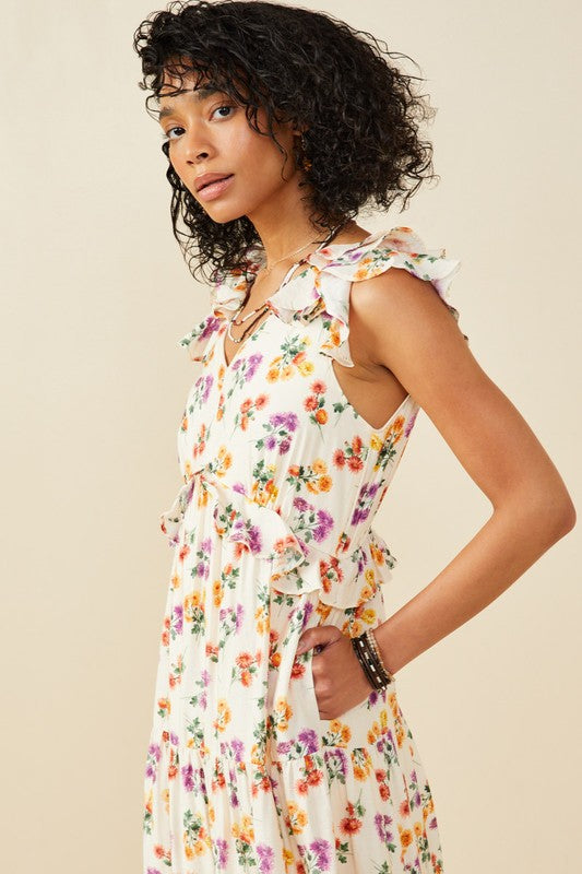 Blush Floral Ruffle Tank Midi Dress
