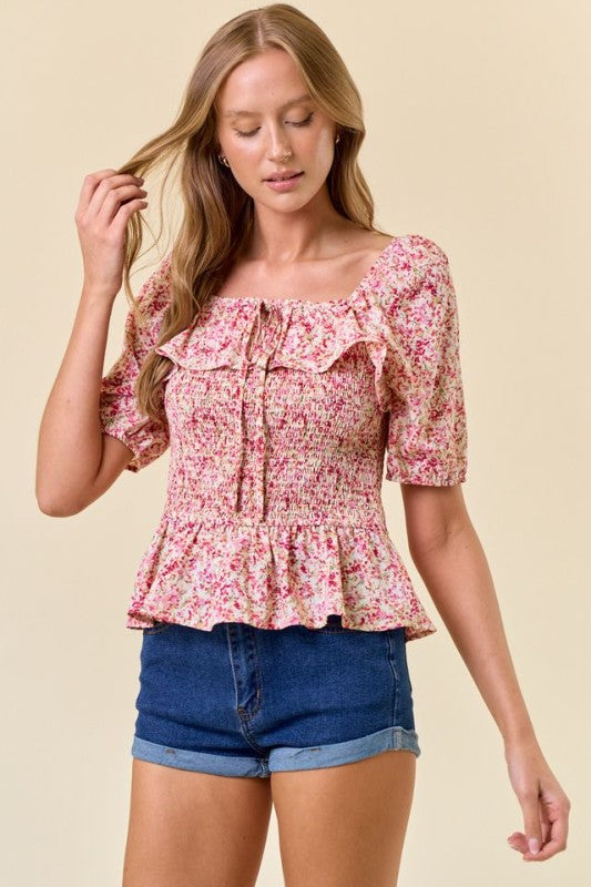Red Floral Ruffle Blouse