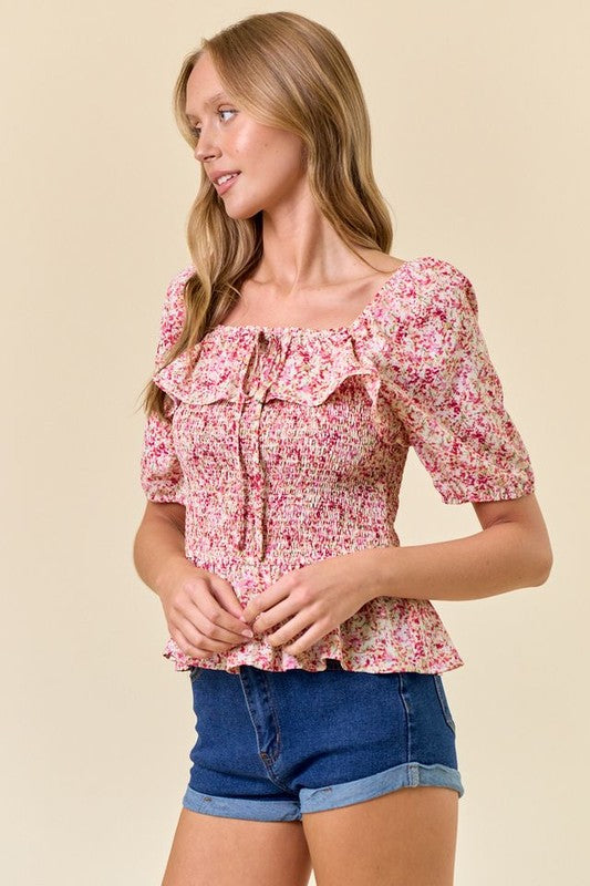 Red Floral Ruffle Blouse