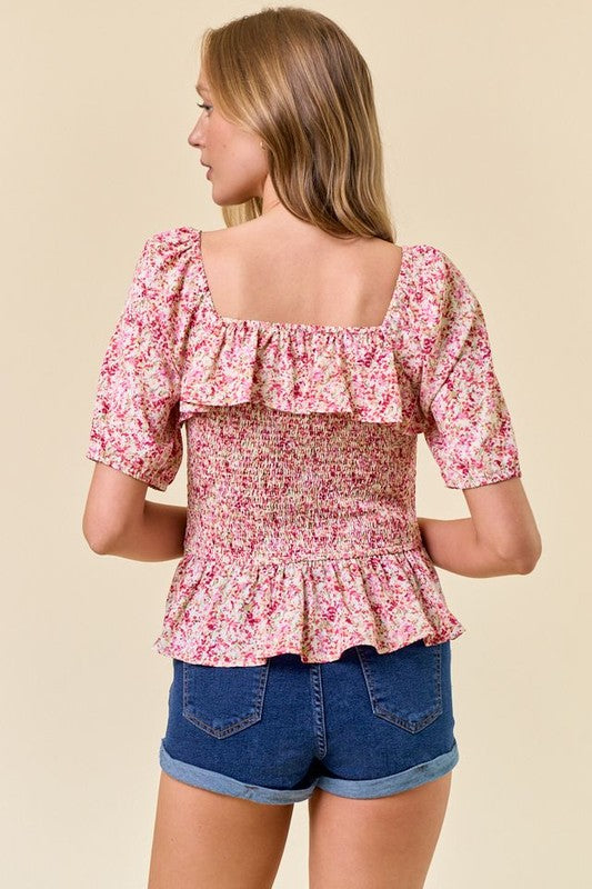 Red Floral Ruffle Blouse