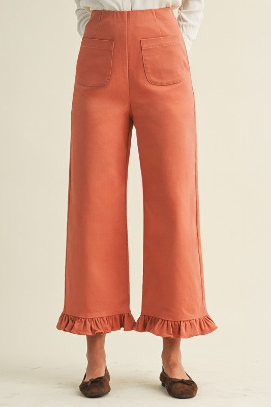Terracotta Ruffle Hem Twill Pants