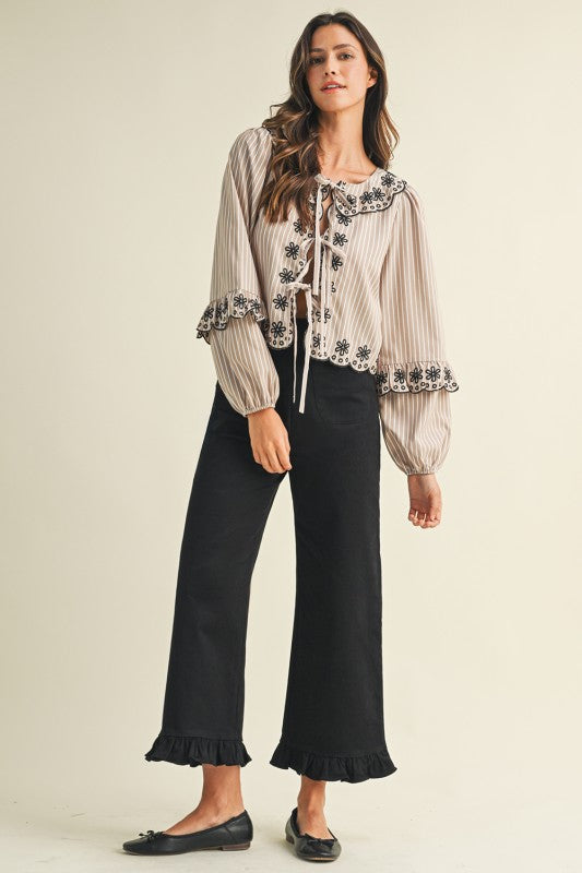 Black Ruffle Hem Twill Pants