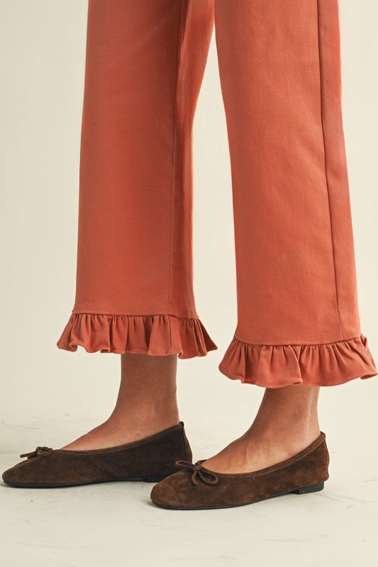 Terracotta Ruffle Hem Twill Pants