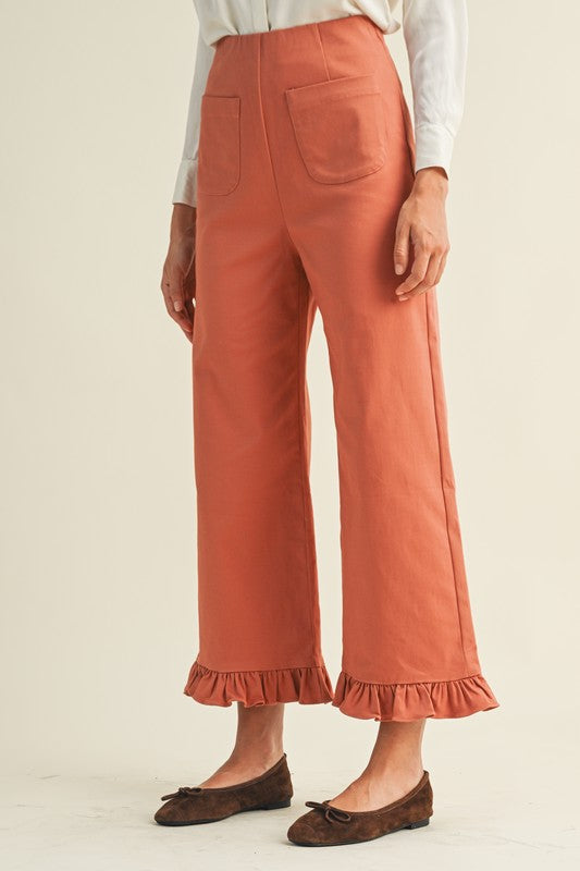 Terracotta Ruffle Hem Twill Pants